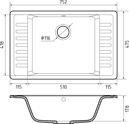 Кухонная мойка Granfest Quarz 71 черный 75х48 цвет черный поверхность матовая - фото 3
