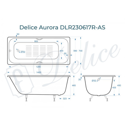 Ванна чугунная Delice Aurora DLR230617R-AS 140х70 пристенная прямоугольная без ножек с отверстиями под ручки - фото 2