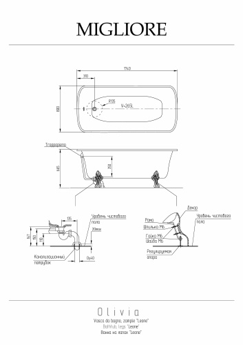 Ванна из искусственного мрамора Migliore OLIVIA 26924 174х80 пристенная прямоугольная с ножками - фото 2