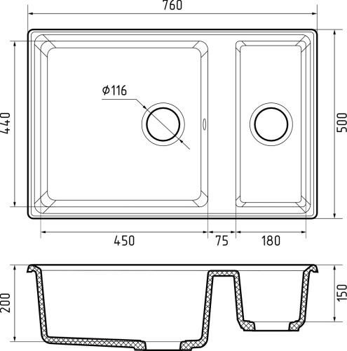 Кухонная мойка Granfest Level LV-760K черный 76х50 цвет черный поверхность матовая - фото 3