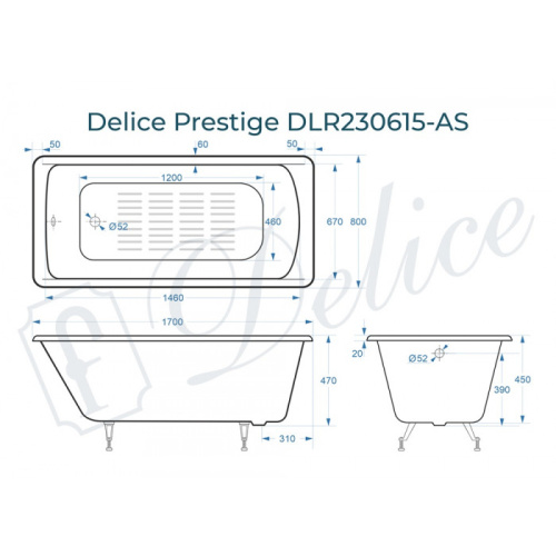 Ванна чугунная Delice Prestige DLR230615-AS 170х80 пристенная прямоугольная без ножек с антискользящим покрытием - фото 2