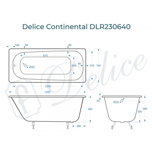 Ванна чугунная Delice Continental DLR230640 120х70 пристенная прямоугольная без ножек - фото 2