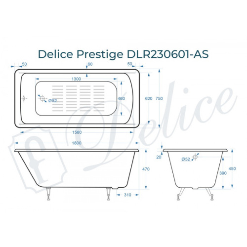 Ванна чугунная Delice Prestige DLR230601-AS 180х75 пристенная прямоугольная без ножек с антискользящим покрытием - фото 2
