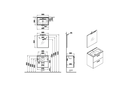 Комплект мебели: тумба 60х39х62 + раковина + зеркало Vitra Mia 75021 подвесной цвет белый глянцевый - фото 3