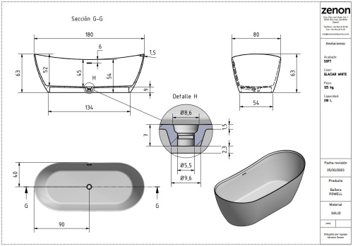 Ванна из искусственного камня Zenon Powell 4000.000.000.000.29549 180х80 отдельностоящая овальная - фото 2