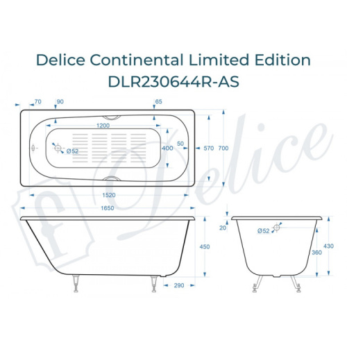 Ванна чугунная Delice Continental Limited Edition DLR230644R-AS 165х70 пристенная прямоугольная без ножек с отверстиями под ручки - фото 2