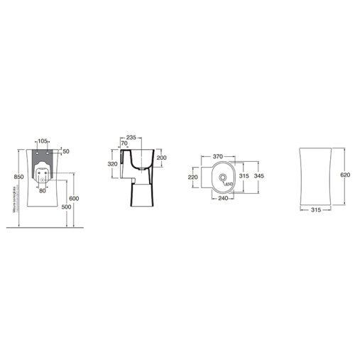 Раковина керамическая Azzurra NATIVO 35 см LALS035370N0CA подвесная цвет темно-серый без отверстий под смеситель - фото 2