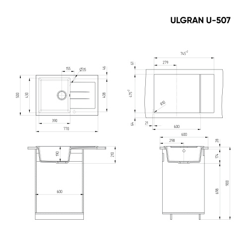 Кухонная мойка Ulgran Classic U-507-344 77х50 цвет черный - фото 2