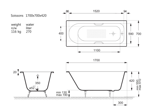 Ванна чугунная Vinsent Veron Soissons VCN1707042H/VH0012BL-AS 170х70 пристенная прямоугольная с ножками с ручками - фото 5
