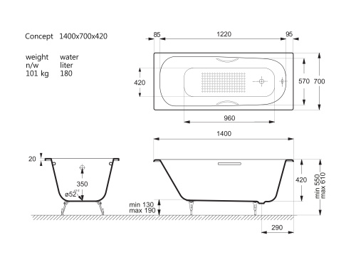Ванна чугунная Vinsent Veron Concept VCO1407042H/VH0015BR-AS 140х70 пристенная прямоугольная с ножками с ручками - фото 4