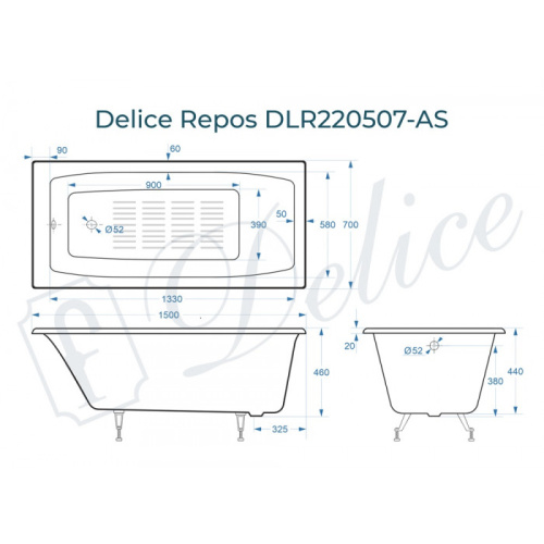 Ванна чугунная Delice Repos DLR220507-AS 150х70 пристенная прямоугольная без ножек с антискользящим покрытием - фото 2