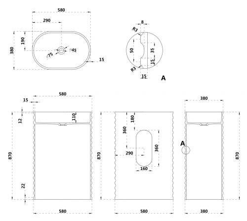 Раковина из искусственного камня Abber STEIN AS2550-H 58х38 напольная цвет белый матовый без отверстий под смеситель - фото 4
