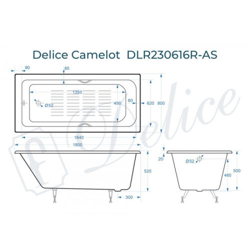 Ванна чугунная Delice Camelot DLR230616R-AS 180х80 пристенная прямоугольная без ножек с отверстиями под ручки - фото 2