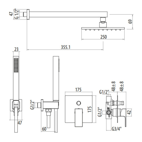 Душевой гарнитур Gattoni Kubik 2590/25NO (ст. арт. KTQ15/PDNO) настенный черный матовый - фото 2