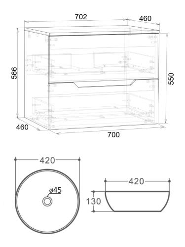 Тумба с раковиной Orange Line Li-70TugMDF+B07-420W 70х46х70 подвесная цвет графит матовый - фото 5
