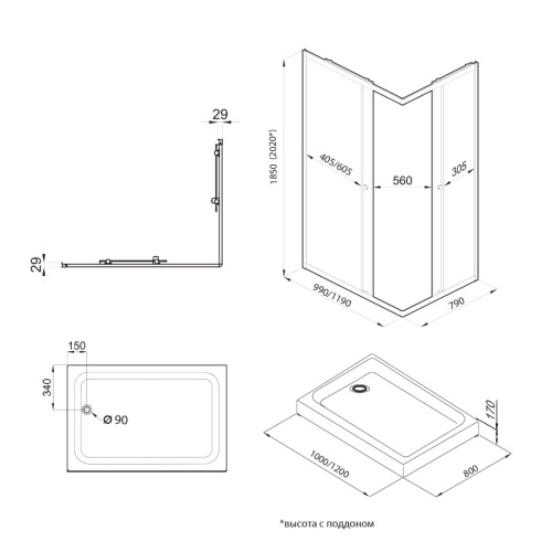 Душевой уголок Тритон Вента Щ0000049617 100х80 стекло прозрачное профиль хром с поддоном - фото 4