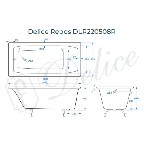 Ванна чугунная Delice Repos DLR220508 170х70 пристенная прямоугольная без ножек - фото 2