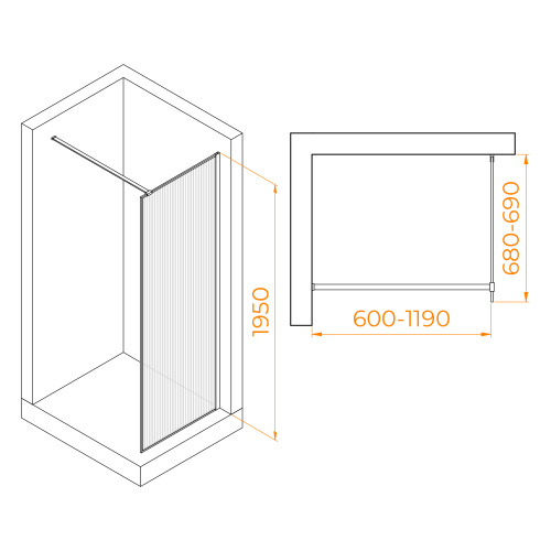 Душевая перегородка RGW Walk In 06100807-156 70х195 стекло рифленое профиль золото глянцевое - фото 4