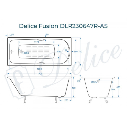 Ванна чугунная Delice Fusion DLR230647R-AS 170х70 пристенная прямоугольная без ножек с отверстиями под ручки - фото 2