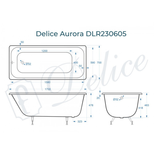 Ванна чугунная Delice Aurora DLR230605 170х70 пристенная прямоугольная без ножек - фото 2