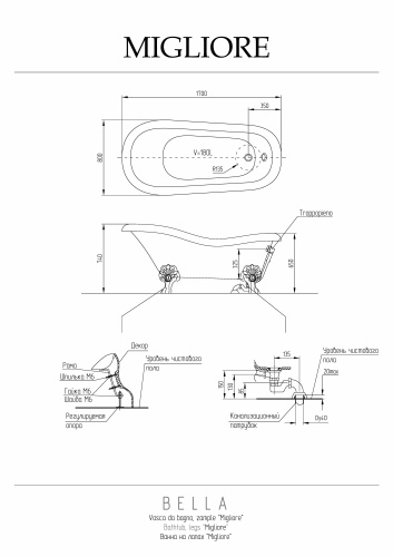 Ванна из искусственного мрамора Migliore BELLA 24623 170х80 отдельностоящая овальная с ножками - фото 2