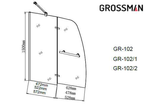 Душевая шторка на ванну Grossman GR-102/2 110х150 стекло прозрачное профиль хром ориентация универсальная - фото 3