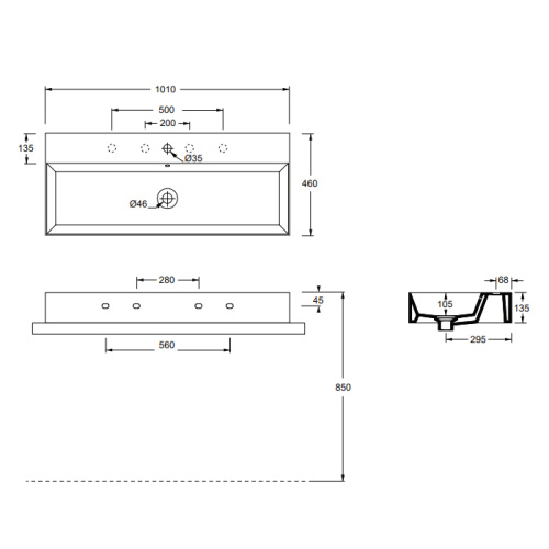 Раковина керамическая Alice Spy 101 см 34350101 подвесная цвет белый 1 отверстие под смеситель - фото 2