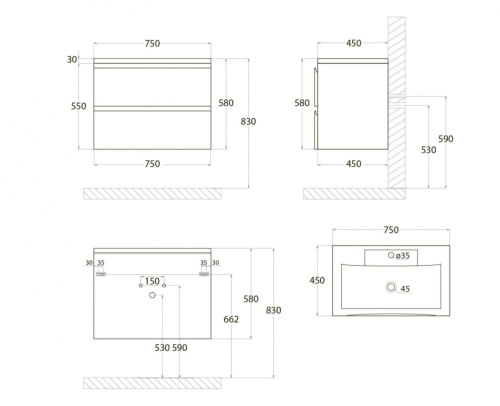 Тумба под раковину Art&Max BIANCHI AM-Bianchi-750-2C-SO-GM 75х47х55 подвесная цвет серый матовый - фото 4