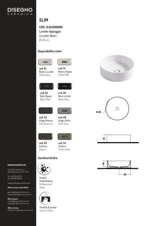 Раковина керамическая Disegno Ceramica Slim SL04000001 40х40 накладная цвет белый