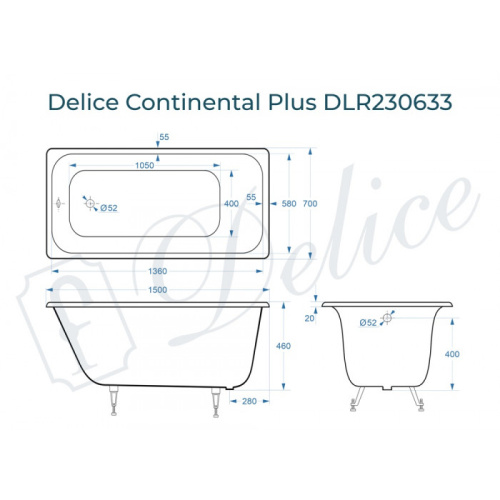 Ванна чугунная Delice Continental PLUS DLR230633 150х70 пристенная прямоугольная без ножек - фото 2