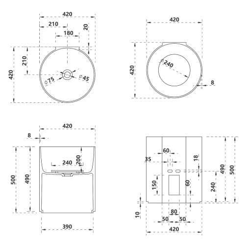 Раковина из искусственного камня Abber STEIN AS2624 42х42 подвесная цвет белый матовый без отверстий под смеситель - фото 5