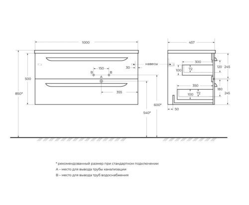 Тумба под раковину Cezares ECO-CER ECO-CER-N-1000-2C-SO-BL-R 100х50 подвесная цвет белый - фото 2