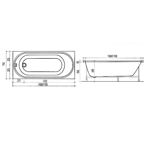Ванна акриловая Aquanika Round A1017075025 170х75 пристенная прямоугольная без каркаса - фото 5