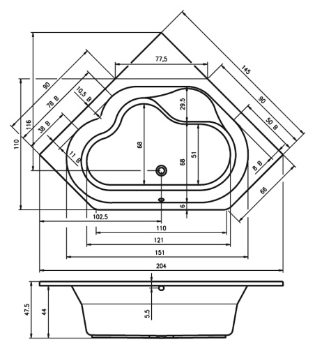 Ванна акриловая Riho WINNIPEG B010001005 145х145 пристенная асимметричная без ножек - фото 2