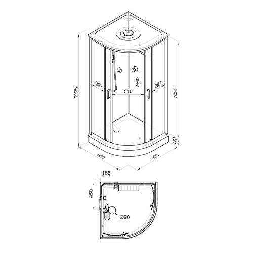 Душевая кабина Тритон Прайм-Сатин Щ0000071581 90х90 четверть круга с крышей ориентация универсальная - фото 3