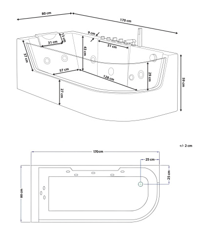 Ванна акриловая гидромассажная Cerutti SPA C-403A L 170х80 пристенная асимметричная с ножками - фото 3