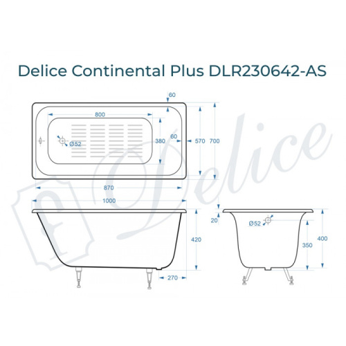 Ванна чугунная Delice Continental PLUS DLR230642-AS 100х70 пристенная прямоугольная без ножек с антискользящим покрытием - фото 2