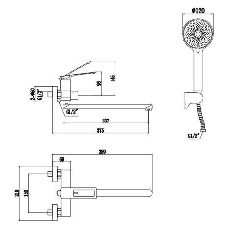 Смеситель для ванны и душа Savol S-009024H настенный черный - фото 2