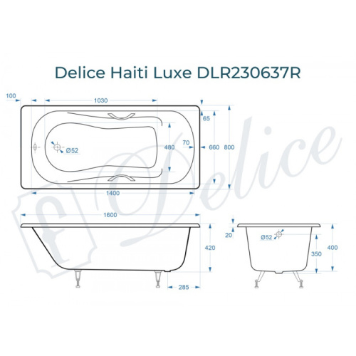 Ванна чугунная Delice Haiti Luxe DLR230637R 160х80 пристенная прямоугольная без ножек с отверстиями под ручки - фото 2