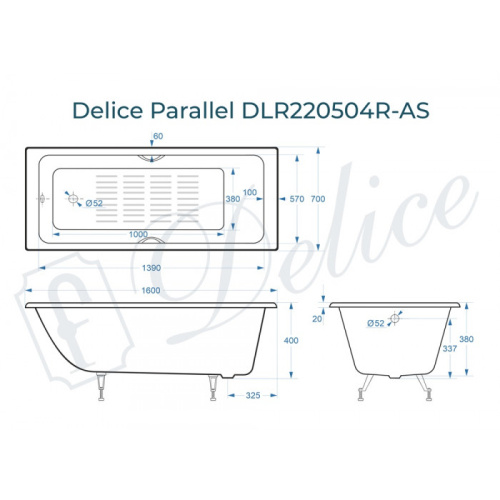 Ванна чугунная Delice Parallel DLR220504R-AS 160х70 пристенная прямоугольная без ножек с ручками - фото 2