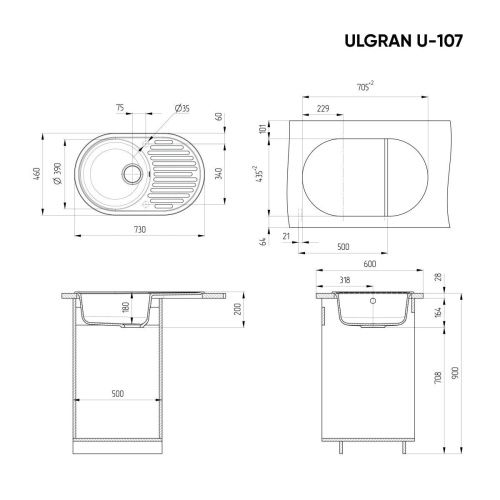 Кухонная мойка Ulgran Classic U-107-343 75х45 цвет серый - фото 2