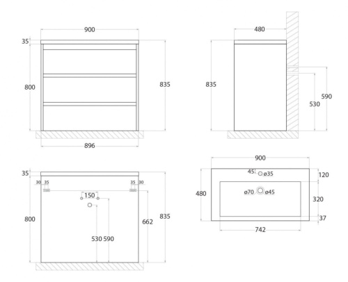 Тумба под раковину Art&Max TECHNO FAMILY-900-3C-PIA-BL 90х48х85 подвесная цвет белый глянцевый - фото 3