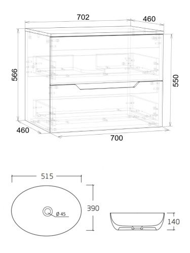 Тумба с раковиной Orange Line Li-70TugMDF+B05-520W 70х46х71 подвесная цвет графит матовый - фото 4