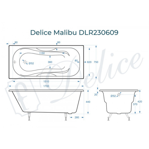 Ванна чугунная Delice Malibu DLR230609 170х75 пристенная прямоугольная без ножек - фото 2