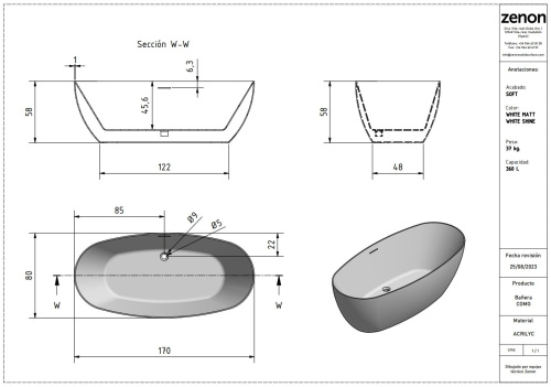 Ванна акриловая Zenon Como 4000.000.000.000.41026 170х80 отдельностоящая овальная - фото 5