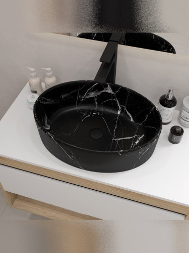 Раковина из сантехнического фарфора Teymi Lori T50485 51х36 накладная цвет черный мрамор без отверстий под смеситель - фото 5