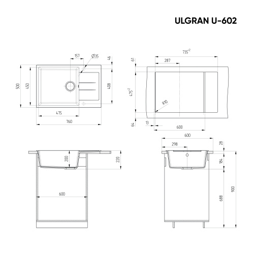 Кухонная мойка Ulgran Classic U-602-309 76х50 цвет темно-серый - фото 2