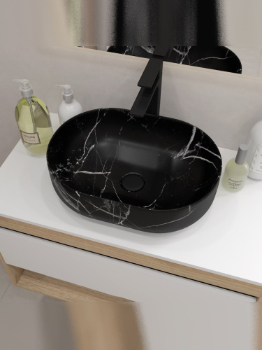 Раковина из сантехнического фарфора Teymi Solli T50387 49х35 накладная цвет черный мрамор без отверстий под смеситель - фото 5