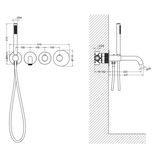 Смеситель для ванны и душа Timo Saona 2324/18YSM встраиваемый в стену черное золото - фото 2