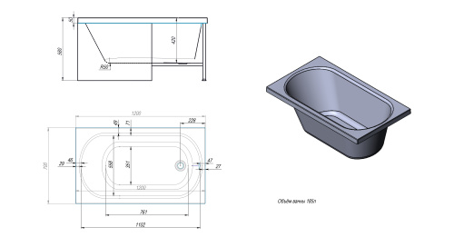 Ванна акриловая Timo ROHA ROHA1270 120х70 пристенная прямоугольная без каркаса - фото 2